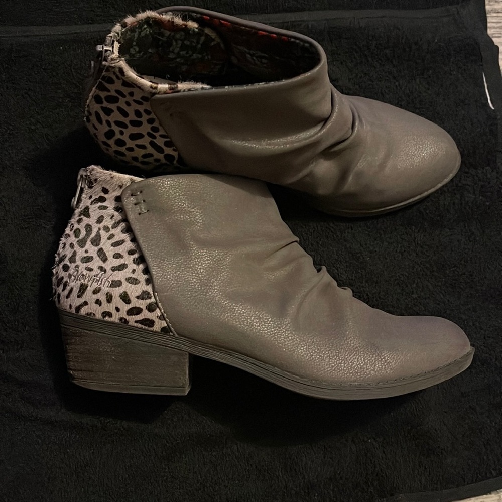 Womens casual dress mid boots. Cow Print on heel! Dark gray but little shimmery!
